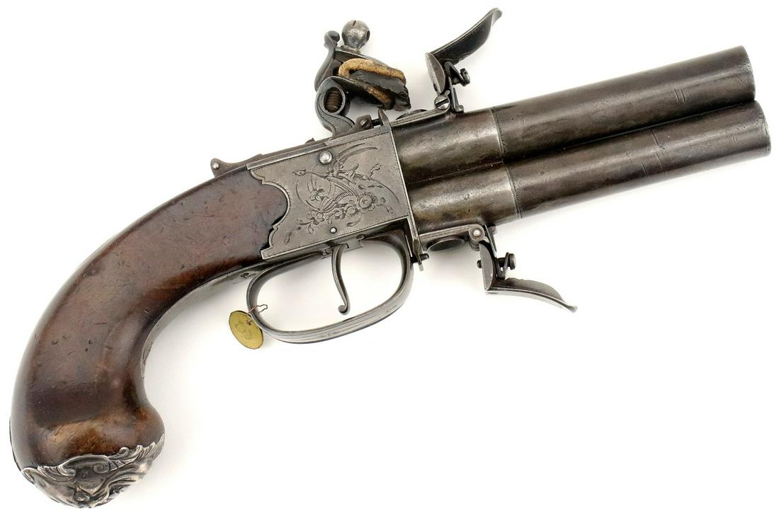 Rare English Queen Ann's Over-Under Flintlock Pistol ~: Rare English Queen Ann's Over-Under Flintlock Pistol ~ Well Hallmarked Silver Grotesque Fase ~ Fine Engraved Steel Mounts ~ American Revolution era ~ Museum Inventory Tag attached. Total Length : 9.25