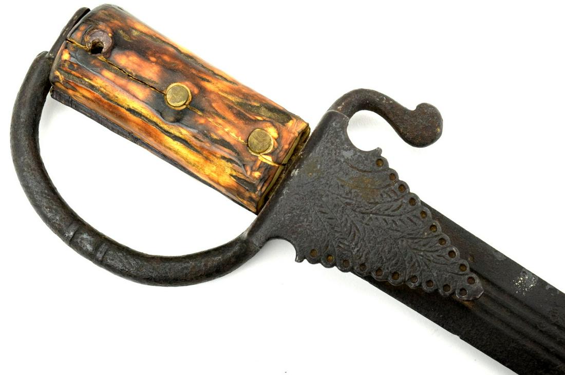 Early 18th C. Spanish Colonial ESPADA ANCHA Sword ~: Early 18th C. Spanish Colonial ESPADA ANCHA Sword ~ American Revolution era ~ Bone Grips & Iron Mounts. Total Length (inside scabbard if present) : 32.5". Blade Length : 28.5". ~~~~~~~~~~~~~~ DEAR BID