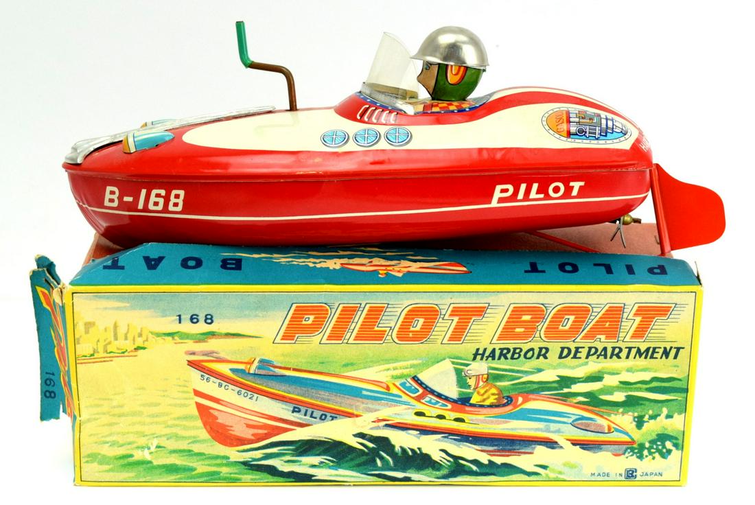 Vintage Harbour Department Boat B-168 Wind up metal: 1950s Tin Windup Friction B 168 Harbor Pilot Speedboat Boat Driver Bandai Japan with original box. New old stock, unplayed condition.Toy is 9,5".