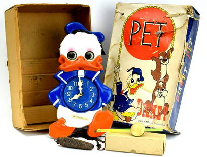 1960's MI-KEN PET DONALD DUCK WALL CLOCK: 1960's MI-KEN PET DONALD DUCK WALL CLOCK In original box. Has pendulum and weights, The eyes move back and forth when it is running. Body of clock is made of wood with plastic cover on it. Licensed by