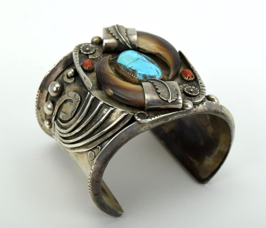 Native American Navajo Silver Turquoise Coral Cuff (1 of 6)