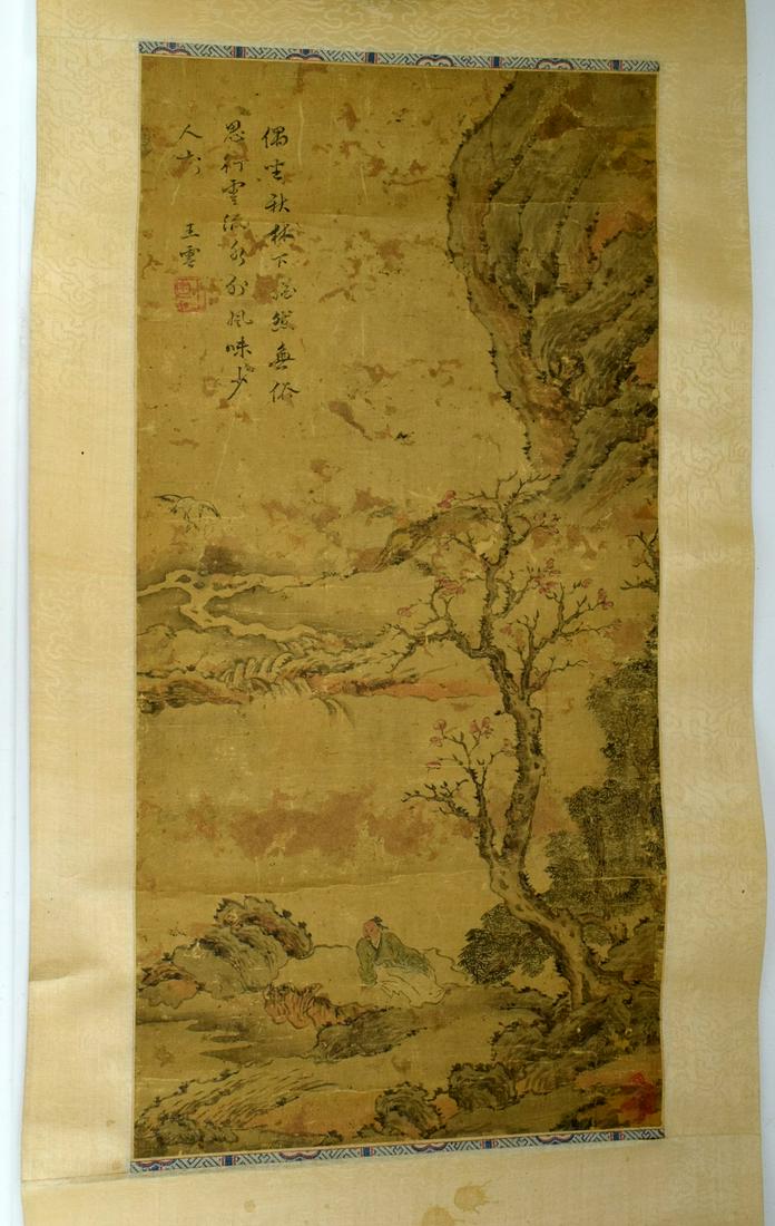 EXTREMELY RARE MING DYNASTY SILK SCROLL PAINTING BY: Up for the auction is a very rare authentic Ming Dynasty Chinese scroll painting by Wang Yun ( 1652-1735 ). Painting was appraised by Bonhams auction for $4000-$6000.Scroll is 70" x 16,5", painting im