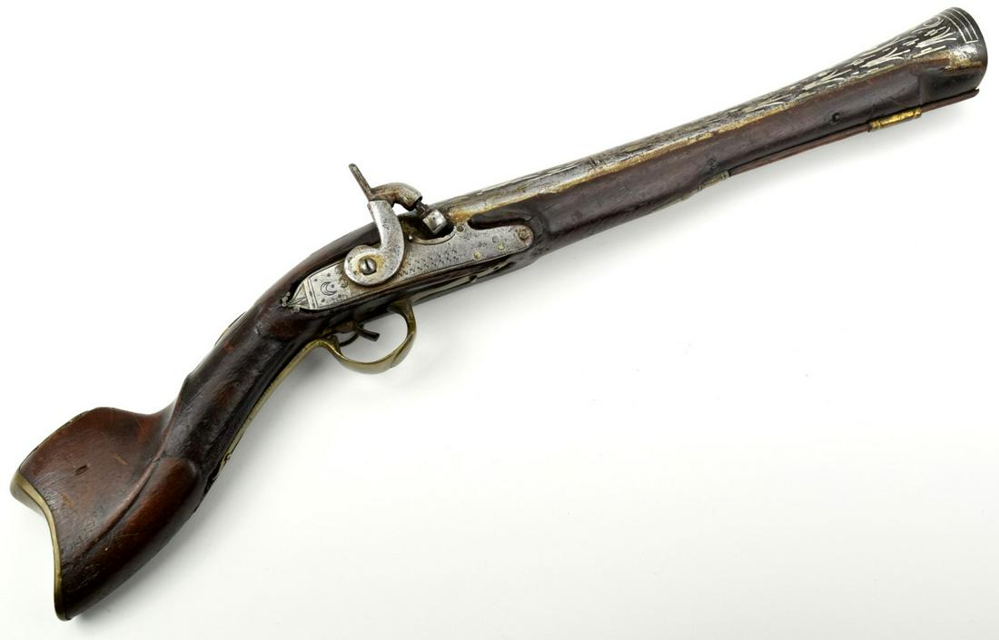 Large Islamic Ottoman Turkish Blunderbuss Knee Gun: Large Islamic Ottoman Turkish Blunderbuss Knee Gun Pistol ~ Heavily Silver Inlaid Barrel ~ Engraved Lock. SIZE 21 1/2" long. ~~~~~~ DEAR BIDDERS, Please View More Detailed Close-Up Images by visiting