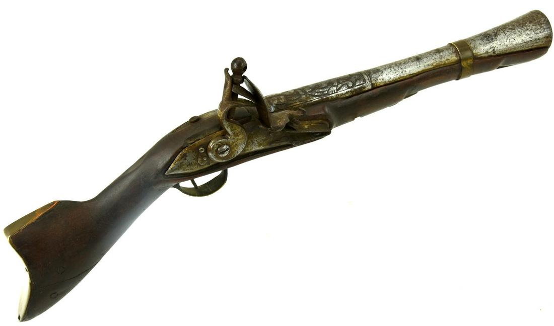 Middle Eastern Ottoman Turkish Blunderbuss Knee Gun: Middle Eastern Ottoman Turkish Blunderbuss Knee Gun Flintlock Pistol ~ Chiseled Barrel with War Trophies ~ Circa 18th-19th C. SIZE 21 1/4" long. ~~~~~~ DEAR BIDDERS, Please View More Detailed Close-Up