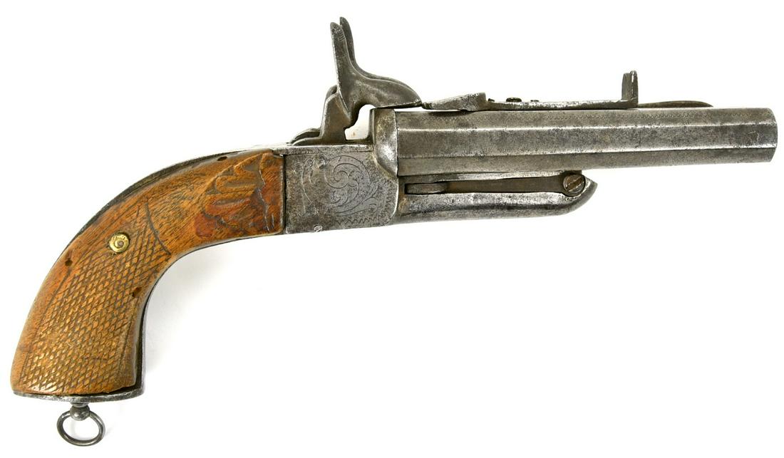 European, Likely Belgian 19th C. Double Barrel Pinfire: European, Likely Belgian 19th C. Double Barrel Pinfire Pistol. Has a unusual belt hook on left-hand side and shows nice engraving on the barrel and receiver. Grip also has a nice checkering present wi