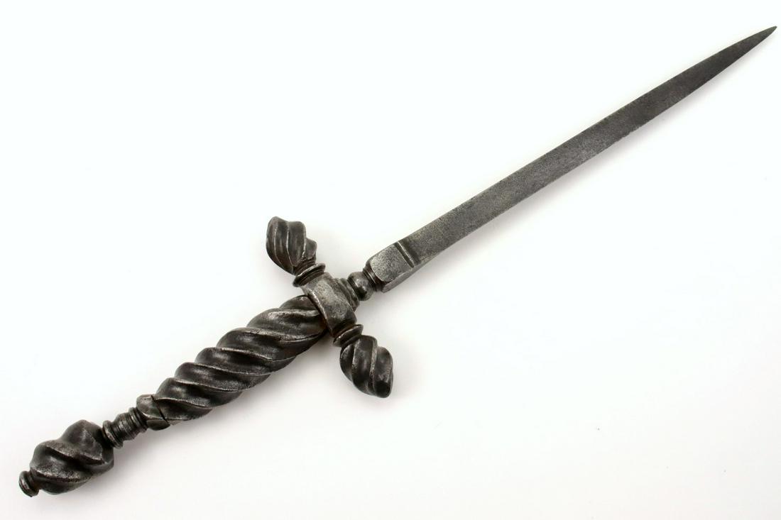 Strong STILETTO Dagger with Chiseled Iron Hilt & Maker: Strong STILETTO Dagger with Chiseled Iron Hilt & Maker Marked Blade ~ Probably 17th C. Italian or French. Total length (inside scabbard if present) : 13 1/2", Blade length :8". ~~~~~~ DEAR BIDDERS, Pl