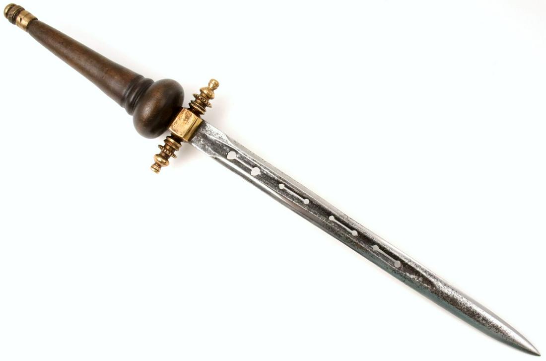 American Revolution era Large Plugh Bayonet Dagger with: American Revolution era Large Plugh Bayonet Dagger with Rare 17th C. Pierced Blade & Gilt Brass Mounts. Total length (inside scabbard if present) : 18 1/4", Blade length :11 1/2". ~~~~~~ DEAR BIDDERS,