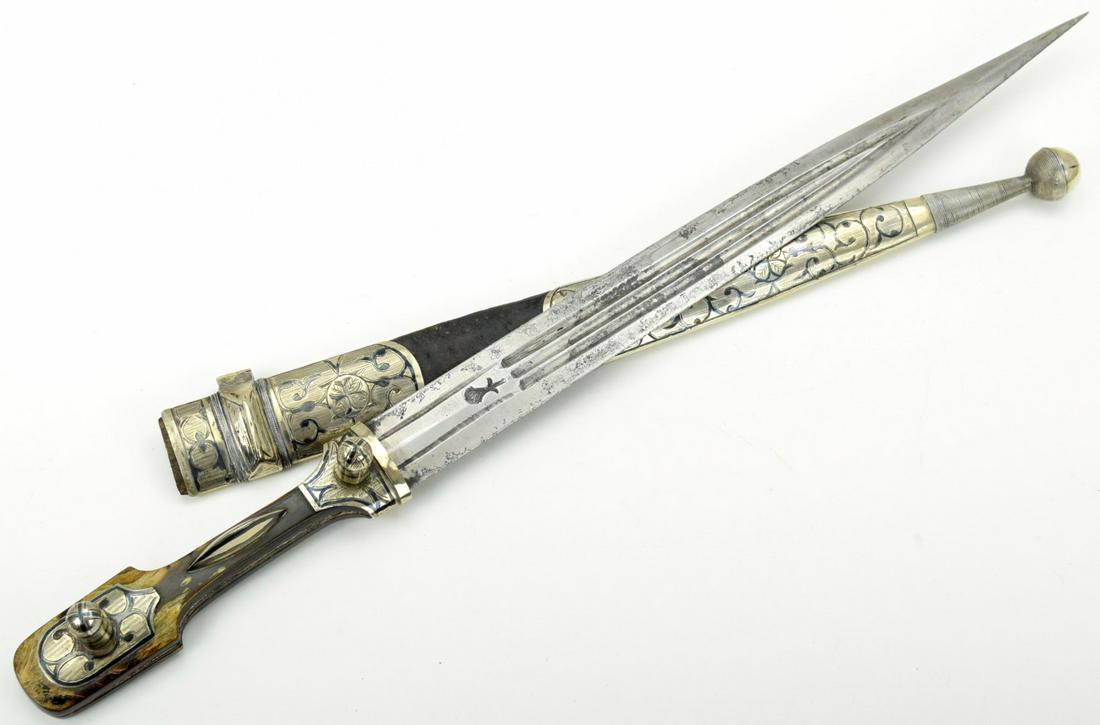 Rare and Fine Russian Caucasian Cherkess KINJAL Dagger: Rare and Fine Russian Caucasian Cherkess KINJAL Dagger with Niello Silver Mounts ~ Circa 19th - early 20th C. Total length (inside scabbard if present) : 2", Blade length :14 1/2". ~~~~~~ DEAR BIDDERS
