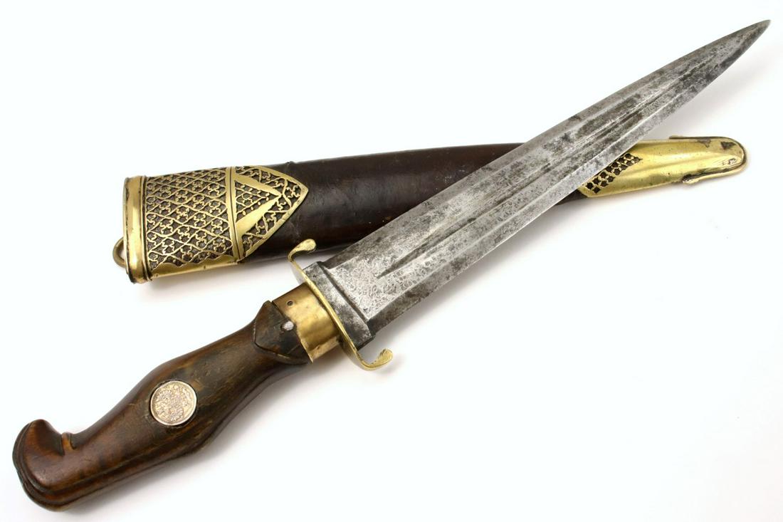 Unusual Russian Imperial Hunting Dagger Knife ~ Horn: Unusual Russian Imperial Hunting Dagger Knife ~ Horn Grip with Silver Coins ~ Etched Damascus Pattern ~ Fine Gilt Mounts ~ Circa 19th C. Total length (inside scabbard if present) : 14 1/4", Blade leng