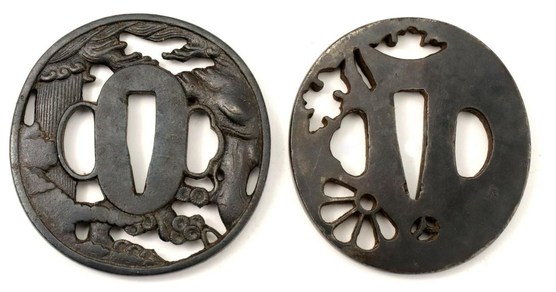Lot of 2 Iron Tsuba for Japanese Samurai Katana /: Lot of 2 Iron Tsuba for Japanese Samurai Katana / Wakizashi Sword. Sizes : 2 3/4" x 2 1/2" and 2 5/8" x 2 1/2". ~~~~~~ DEAR BIDDERS, Please View More Detailed Close-Up Images by visiting our website -