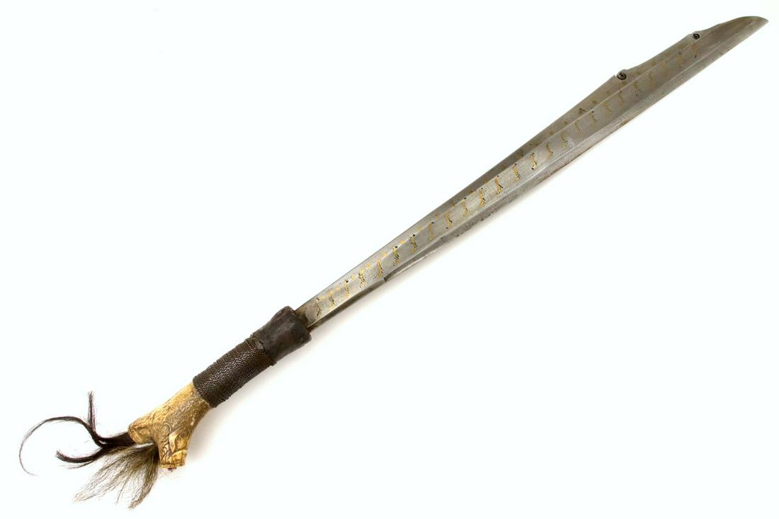 Antique Indonesian Tribal MANDAU Sword ~ Used by Borneo: Antique Indonesian Tribal MANDAU Sword ~ Used by Borneo DAYAK Tribe Headhunters ~ Carved Bone Grip ~ Gold or Brass Inlaid Blade ~ Famous SCHMIEDT Collection. Total length (inside scabbard if present) 