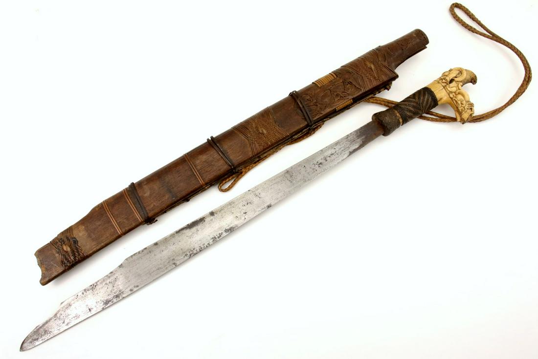 Antique Indonesian Tribal MANDAU Sword ~ Used by Borneo: Antique Indonesian Tribal MANDAU Sword ~ Used by Borneo DAYAK Tribe Headhunters ~ Fine Carved Bone Grip ~ Rare Silver Copper & Brass Inlaid Blade ~ Famous SCHMIEDT Collection. Total length (inside sca