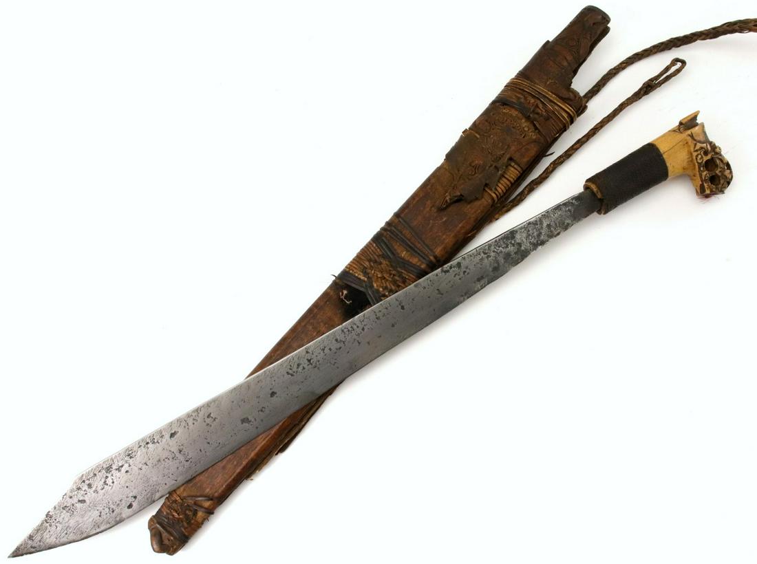 Antique Indonesian Tribal MANDAU Sword ~ Used by Borneo: Antique Indonesian Tribal MANDAU Sword ~ Used by Borneo DAYAK Tribe Headhunters ~ Fine Carved Bone Grip ~ Silver & Brass Inlaid Blade ~ Famous SCHMIEDT Collection. Total length (inside scabbard if pre
