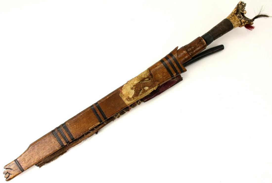 Antique Indonesian Tribal MANDAU Sword ~ Used by Borneo: Antique Indonesian Tribal MANDAU Sword ~ Used by Borneo DAYAK Tribe Headhunters ~ Fine Carved Bone Grip ~ With Original Side Knife ~ Famous SCHMIEDT Collection. Total length (inside scabbard if presen
