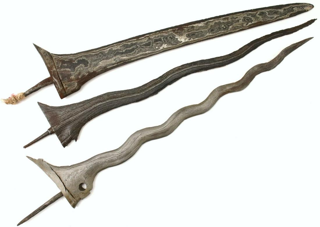 Lot of 3 Antique Strong Damascus Steel Blades for: Lot of 3 Antique Strong Damascus Steel Blades for Indonesian KERIS Daggers. 1st - Total length : 14", Blade length : 12 1/4". 2nd - Total length : 14 ", Blade length : 12 1/2". 3d - Total length : 15 