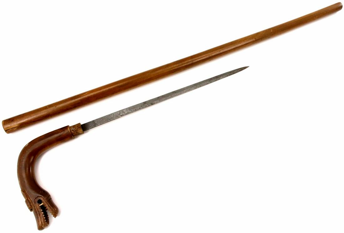 Very Nice Antique Asian Sword Walking Cane with Carved: Very Nice Antique Asian Sword Walking Cane with Carved Dragon Grip ~ Chinese Indonesian or Philippine. Total length (inside scabbard if present) : 35 1/4", Blade length : 14 1/4". ~~~~~~ DEAR BIDDERS,