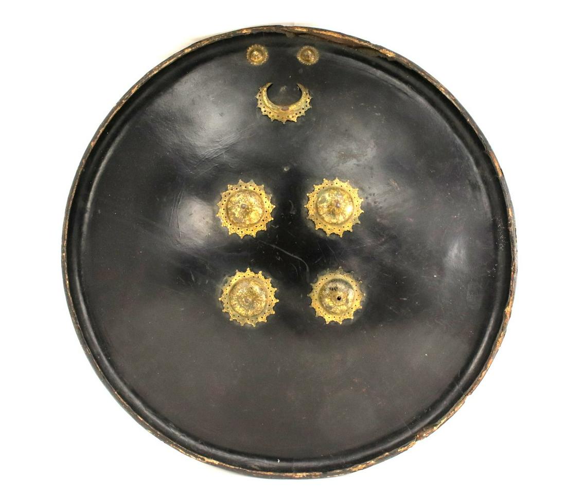 Good Antique Mughal Indian Hide Shield Armor with Gold: Good Antique Mughal Indian Hide Shield Armor with Gold Damascened Bosses. Diameter : 21 3/4". ~~~~~~ DEAR BIDDERS, Please View More Detailed Close-Up Images by visiting our website - Sofedesignauction