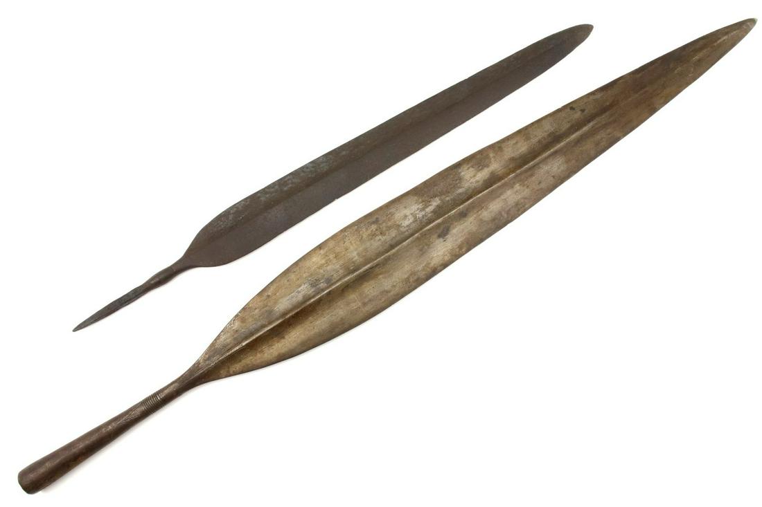 Lot of 2 Antique Philippine Moro Warrior's BUDIAK: Lot of 2 Antique Philippine Moro Warrior's BUDIAK Tribal Spear Heads. Largest - Total length : 32", widest part : 3 1/4". Smallest- Total length : 22 1/2", widest part : 1 7/8" ~~~~~~ DEAR BIDDERS, Pl