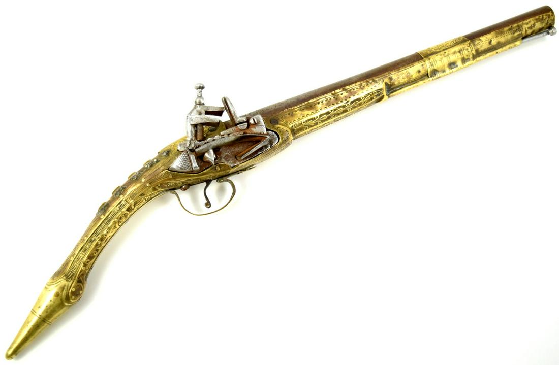 Good 18th C. Ottoman Balkan Albanian Rat-tail Miquelet: Good 18th C. Ottoman Balkan Albanian Rat-tail Miquelet Pistol in Brass & Silver Mounts. Total length 19 3/4". ~~ DEAR BIDDERS, Please View More Detailed Close-Up Images by visiting our website - Sofed