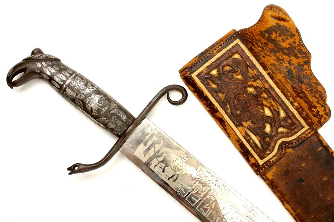 Fine Quality 1957 Mexican Presentation Machete Sword: Fine Quality 1957 Mexican Presentation Machete Sword with Silver Inlaid Steel Hilt & Profusely Engraved Blade. Total length (inside scabbard if present) : 35 1/4", Blade length : 27 1/2". ~~ DEAR BIDD