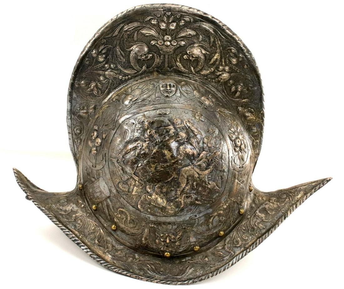 Fine Quality MORION Helmet in the Style of 16th-17th C.: Fine Quality MORION Helmet in the Style of 16th-17th C. Italian or Spanish Royal Parade Armor ~ Embossed Silvered Metal with Fabulous Battle Scenes, Warriors & Mythological Motives ~ Quin Victoria Pla
