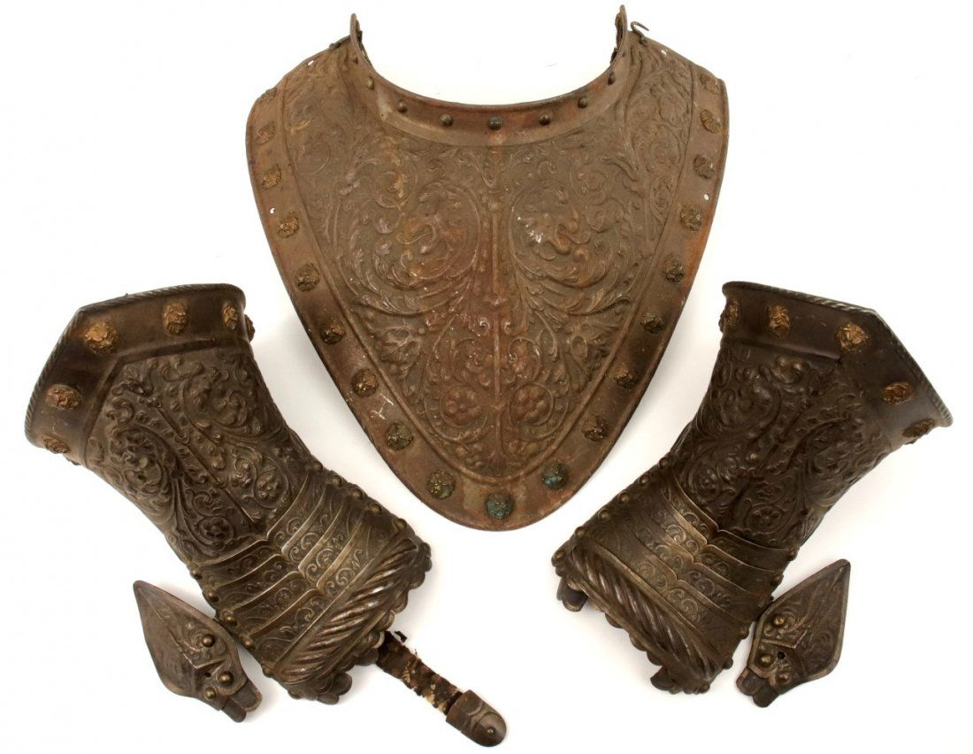 Very Rare 16th-17th C. GAUNTLETS & GORGET from European: Very Rare 16th-17th C. GAUNTLETS & GORGET from European Parade Armor Suite ~ Fine Embossed Steel Decorations with Brass Lion Heads ~ Remains of Original Fabric Lining ~ Probably Italian Spanish or Fre