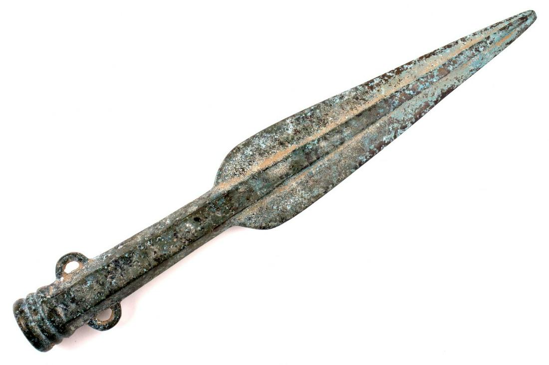 Ancient Greek Bronze Spear Head in Excellent Condition: Ancient Greek Bronze Spear Head in Excellent Condition ~ 2000-3000 Year Old Artifact. Total length (inside scabbard if present) : 12", Blade length : 7 1/2". ~~ DEAR BIDDERS, Please View More Detailed