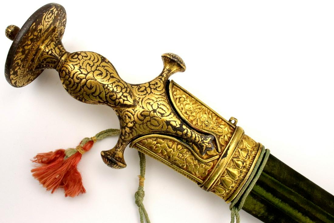 Very Fine 18th-19th C. Mughal Indian Tulwar / Shamshir: Very Fine 18th-19th C. Mughal Indian Tulwar / Shamshir Sword with Heavily Gold Inlaid Iron Hilt & Fire Gilt Mounts ~ Layered Steel Damascus Blade ~ Beautiful & Rare Example. Total Length (inside scabb