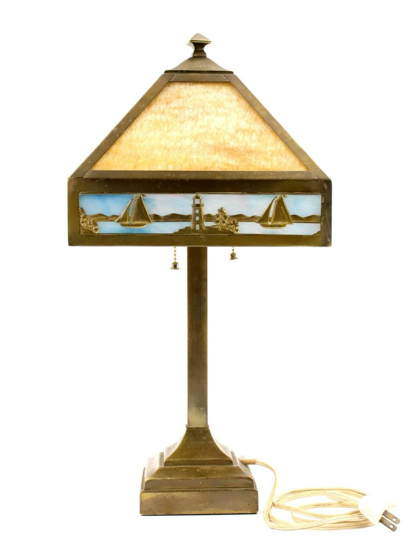 Arts & Crafts Bronze Slag Glass Lamp Sea Scene Design (1 of 11)
