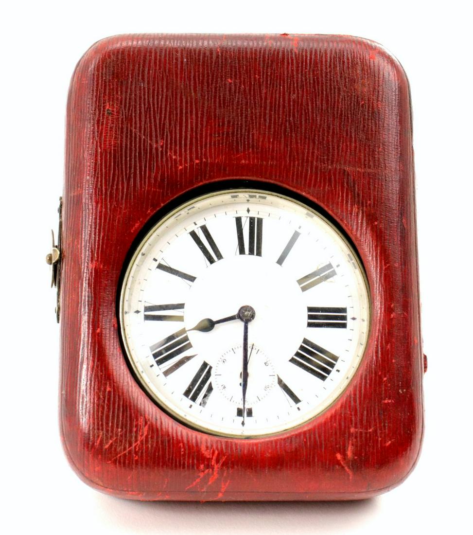 Swiss Antique Large Pocket Watch W/Travel Case: Very fine antique large pocket watch with leather travel case. Swiss made movement. Watch is in working condition. All original. SIZE: box 4 3/4' x 3 1/2", diameter 2 3/4".~~ DEAR BIDDERS, Please View