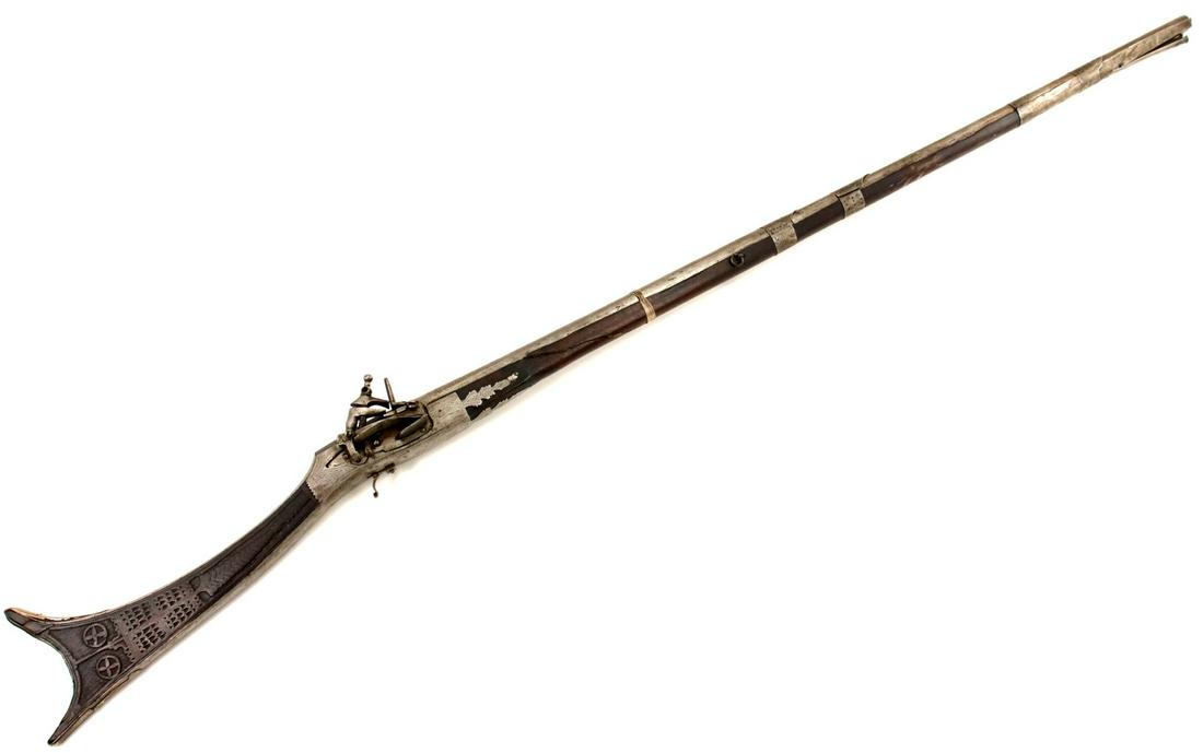 Rare 18th-19th C. Islamic Ottoman Albanian Miquelet: Rare 18th-19th C. Islamic Ottoman Albanian Miquelet Rifle ~ Beautiful Carved Wood Stock & Engraved Steel Mounts. SIZE: 56". ~~ DEAR BIDDERS, Please View More Detailed Close-Up Images by visiting our w