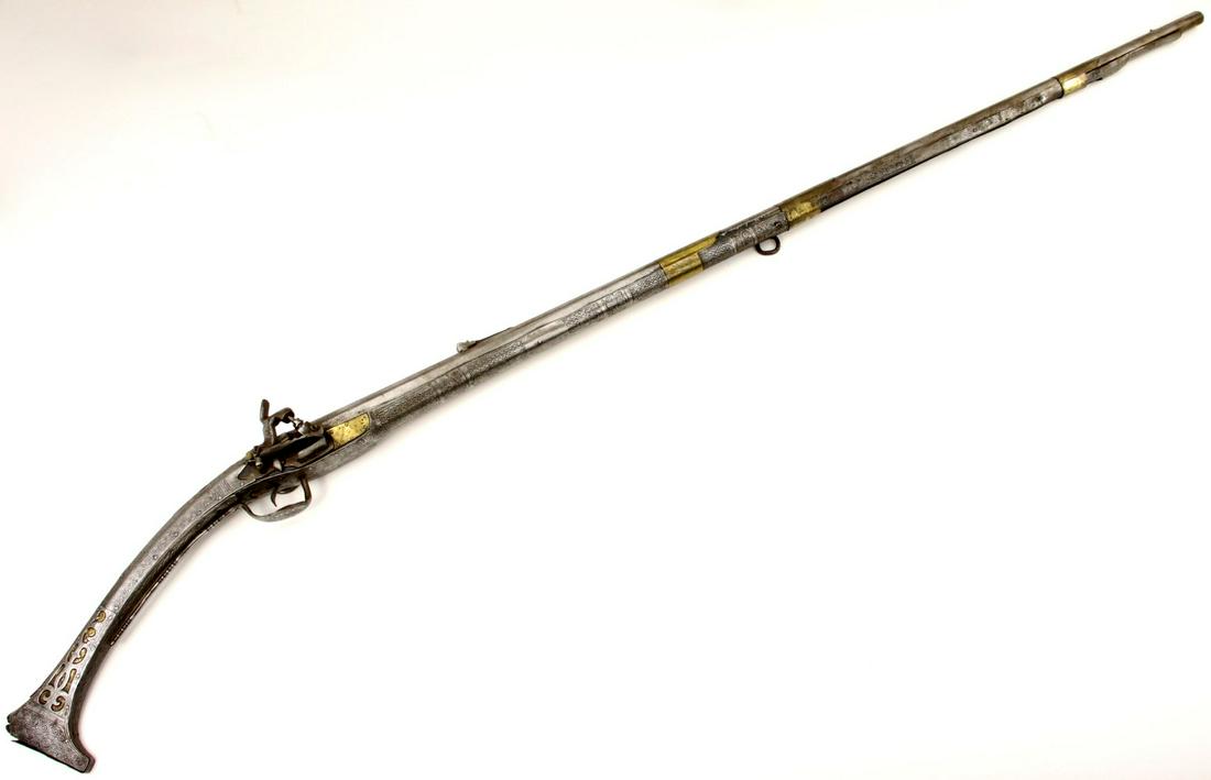 Rare 18th-19th C. Islamic Ottoman Albanian Musket Rifle: Rare 18th-19th C. Islamic Ottoman Albanian Musket Rifle ~ Fine Engraved Steel Mounts. SIZE: 56 1/2". ~~ DEAR BIDDERS, Please View More Detailed Close-Up Images by visiting our website - Sofedesignauct