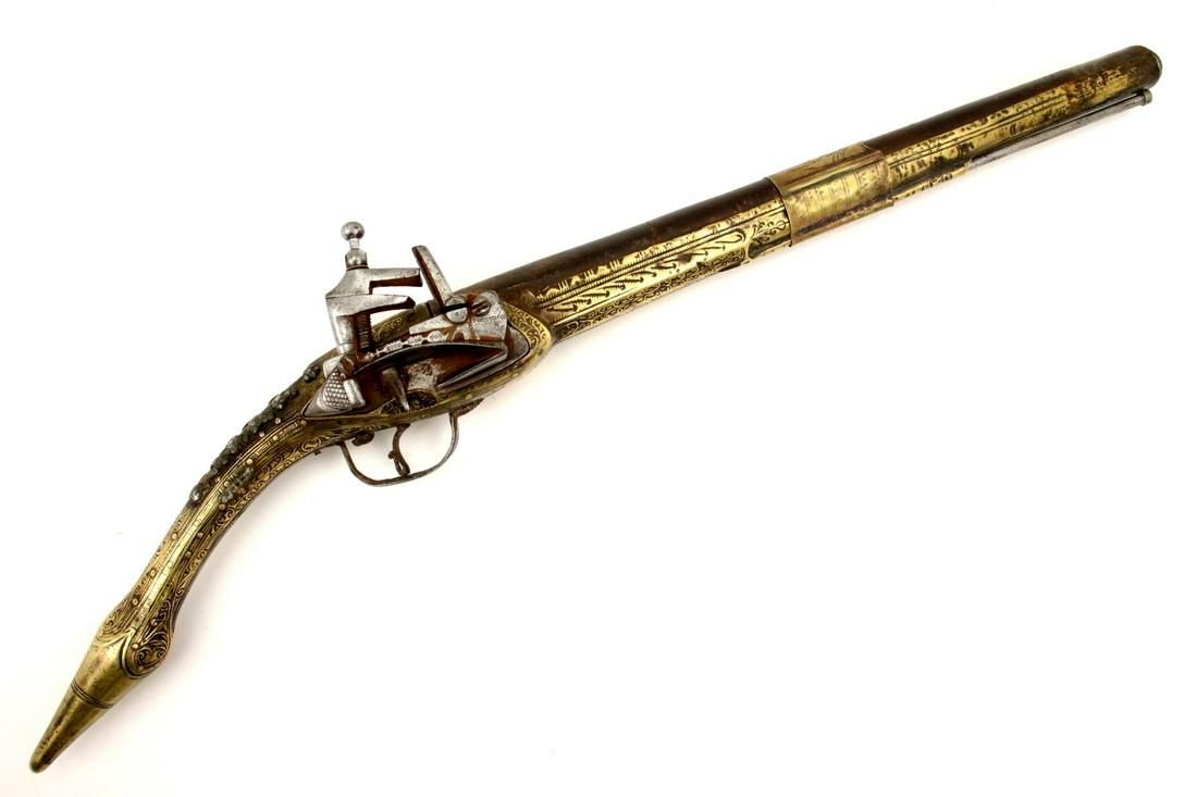 Nice 18th-19th C. Islamic Ottoman Albanian Rat-tail: Nice 18th-19th C. Islamic Ottoman Albanian Rat-tail Miquelet Pistol with Silver & Brass Mounts. SIZE: 20 1/2". ~~ DEAR BIDDERS, Please View More Detailed Close-Up Images by visiting our website - Sofe