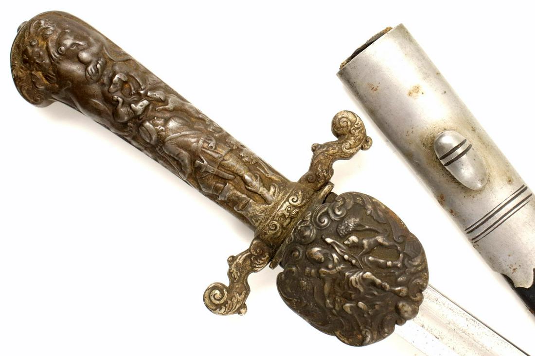 Very Nice 19th C. German Hunting Sword Dagger by ALEX: Very Nice 19th C. German Hunting Sword Dagger by ALEX COPPEL ~ Possibly for the Russian Market ~ Beautiful Carved Steel Hilt with Hunters, Dogs & Bears. Total length (inside scabbard if present) : ",