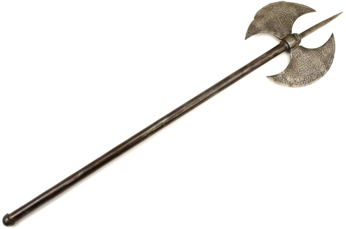 Indian or Persian Qajar Dynasty Double Axe with Etched (1 of 10)