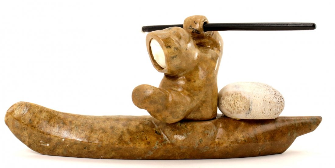 BYRON AMOS â€‹SOAPSTONE/WALRUS BONE INUIT ESKIMO HUNTER: HAND CARVED BYRON AMOSâ€‹ SOAPSTONE/WALRUS BONE INUIT (ESKIMO) HUNTER.VERY FINE VINTAGE HAND CARVED INUIT FIGURINE DEPICTING ESKIMO HUNTER WITH SPEAR. GREAT DETAILS ON THIS SOAPSTONE WITH ADDED W