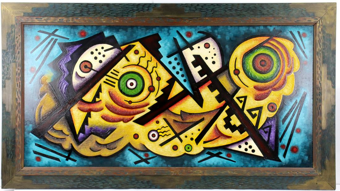 American Sushe Felix Acrylic Abstract Painting: Original acrylic abstract painting by Colorado based artist Sushe Felix. Great condition. Size: with frame 55 x 31 inches, without frame 47 3/4 x 23 3/8 inches.Artist Statement: Sushe Felix"My work in
