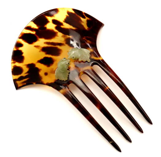 Antique Tortoise Shell Comb With Jade Fish Decor