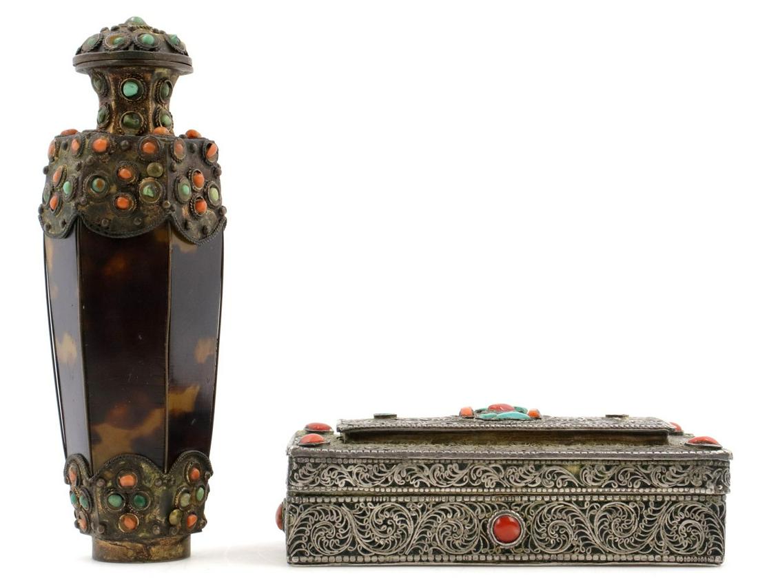 Lot Antique Tortoise Perfume Bottle and Silver Cigarette Box (1 of 9)