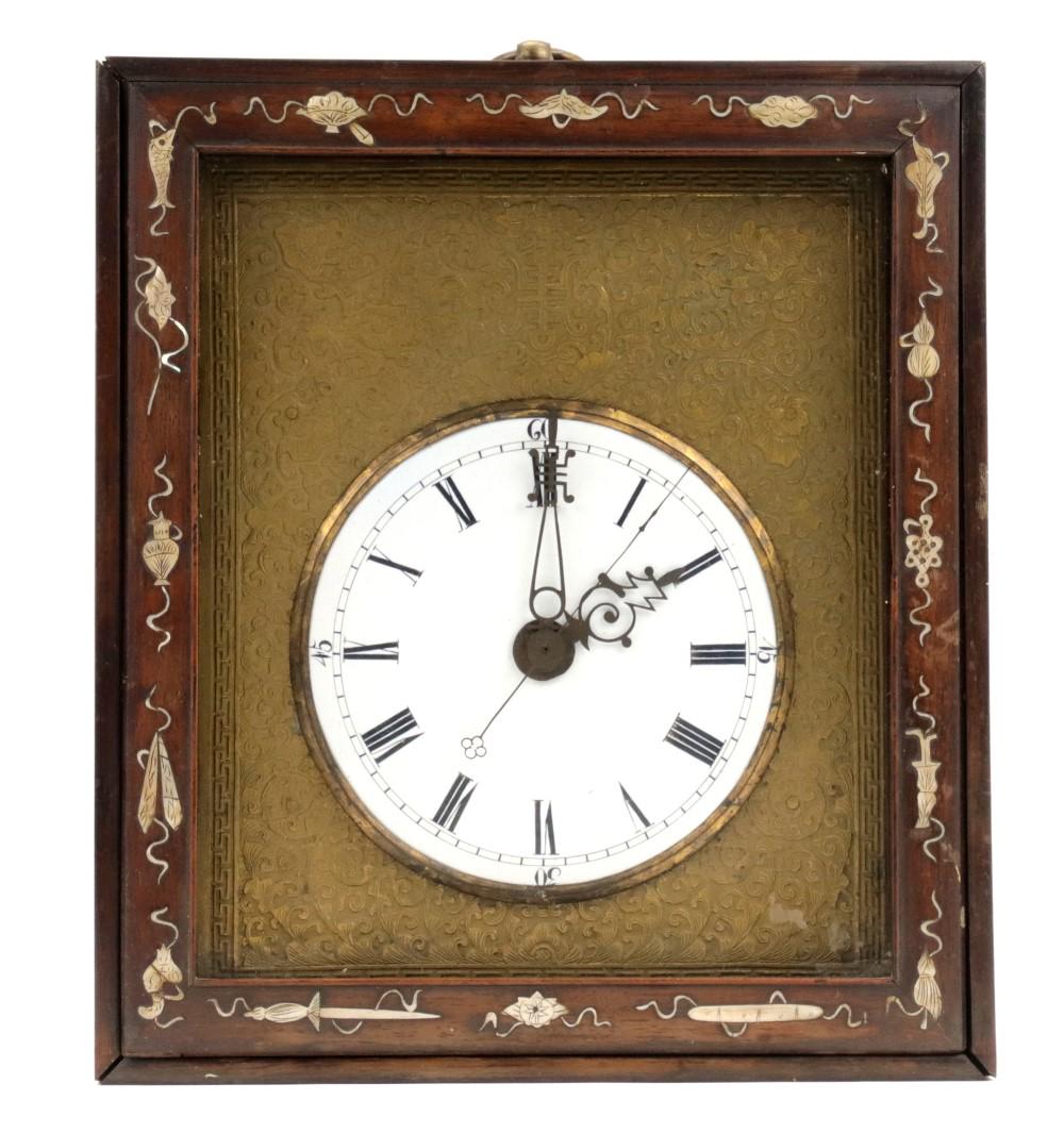 Chinese Gilt Metal Bone Inlaid Hardwood Mantle Clock: Rare antique Chinese gilt metal and bone inlaid hardwood mantle clock. Late 19th century.The circular white enameled dial with Roman numerals set in gilt metal face worked to show foliate scrolls with
