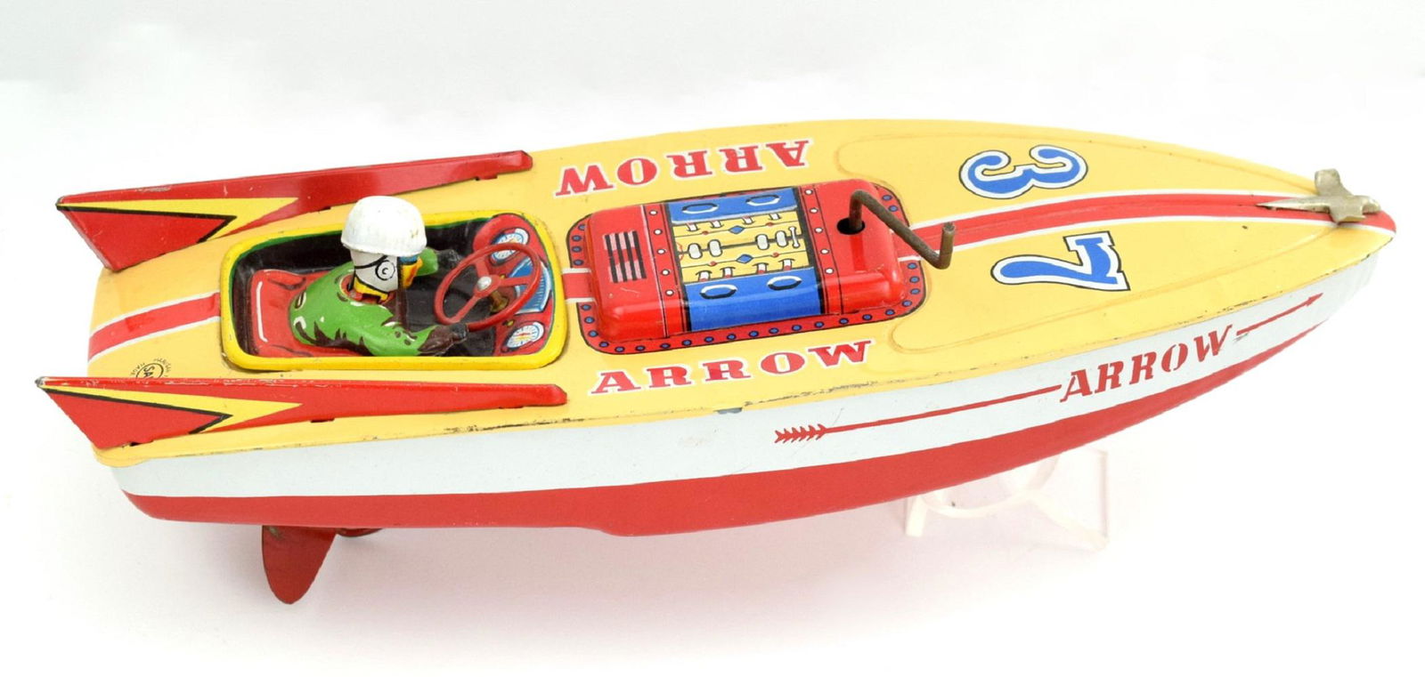 Vintage Marusan Arrow 37 Tin Litho Friction Speedboat W/Driver (1 of 5)