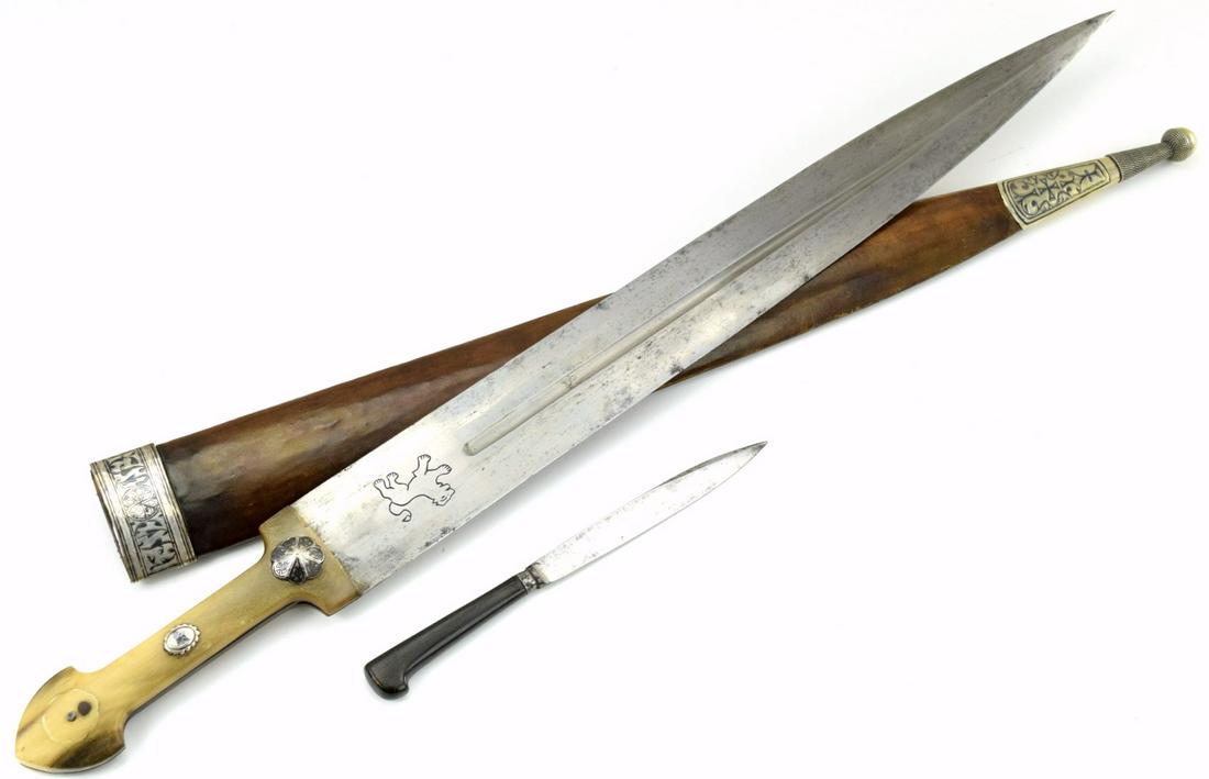 Rare 19th C. Russian Caucasian or Persian Large KINJAL Dagger with Side Knife ~ Scarce Niello: Rare 18th-19th C. Persian Large JAMBIYA Dagger with Gold Inlaid Hilt & Wootz Damascus Blade. Total length (inside scabbard if present) : 17 1/2", Blade length : 12". ~~ DEAR BIDDERS, Please View More