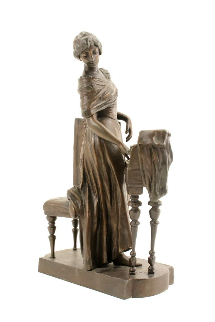 Art Nouveau Bronze Sculpture " Lady and piano": Art Nouveau bronze sculpture " Lady and piano" signed Sartini. 13.5" high. Very good original condition. Fine antique patina and details.~~ DEAR BIDDERS, Please View More Detailed Close-Up Images by v