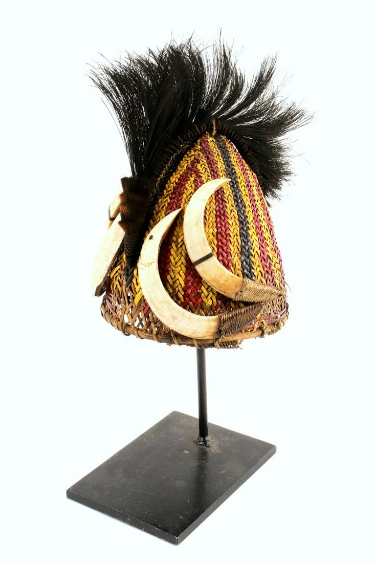 Rare 19th C. Indonesian Headhunters Dayak or Naga Tribe Warrior Hat Helmet with Boar Tusk: Rare 19th C. Indonesian Headhunters Dayak or Naga Tribe Warrior Hat Helmet with Boar Tusk Decorations. Total length (inside scabbard if present) : ", Blade length : ". ~~ DEAR BIDDERS, Please View Mor