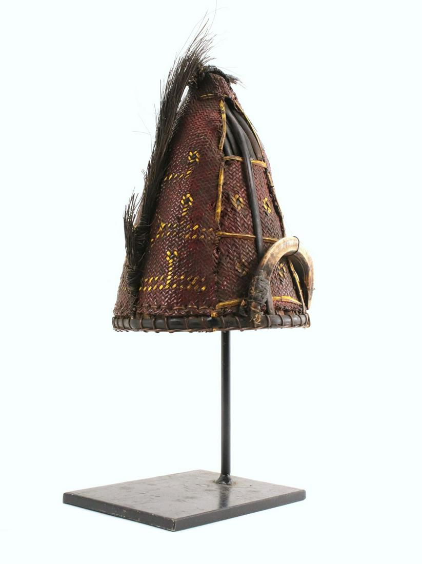 Rare 19th C. Indonesian Headhunters Dayak or Naga Tribe Warrior Hat Helmet with Boar Tusk: Rare 19th C. Indonesian Headhunters Dayak or Naga Tribe Warrior Hat Helmet with Boar Tusk Decorations. Total length (inside scabbard if present) : ", Blade length : ". ~~ DEAR BIDDERS, Please View Mor