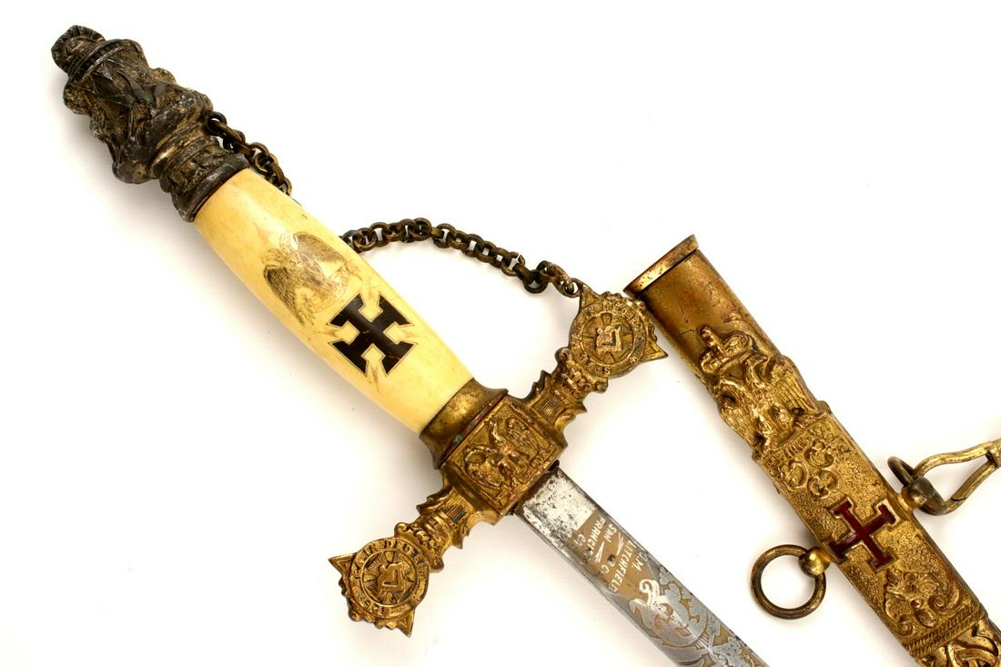 Unusual 19th C. Fraternal Masonic Masons Lodge Sword ~ Identified Etched & Gilt Blade ~ Rare Grip: Unusual 19th C. Fraternal Masonic Masons Lodge Sword ~ Identified Etched & Gilt Blade ~ Rare Grip Scrimshaw and Unusual Pommel. Total length (inside scabbard if present) : 39 1/4", Blade length : 30 1