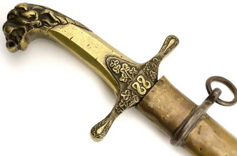 Scarce 19th C. Irish English Bandsman Military Musician's Sword.: Scarce 19th C. Irish English Bandsman Military Musician's Sword. With a solid brass hilt cast in hi relief with clover leaves and wines, topped with an impressively detailed lion head pommel and