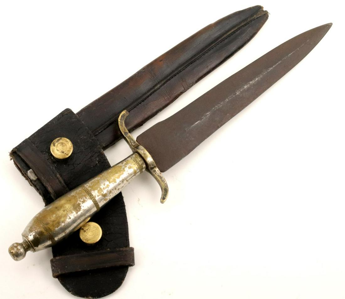Interesting American Fighting Dagger Knife with Silvered Brass Hilt ~ Probably Around Civil War era.: Interesting American Fighting Dagger Knife with Silvered Brass Hilt ~ Probably Around Civil War era. Total length (inside scabbard if present) : 13 1/2", Blade length : 7 1/8". ~~ DEAR BIDDERS, Please