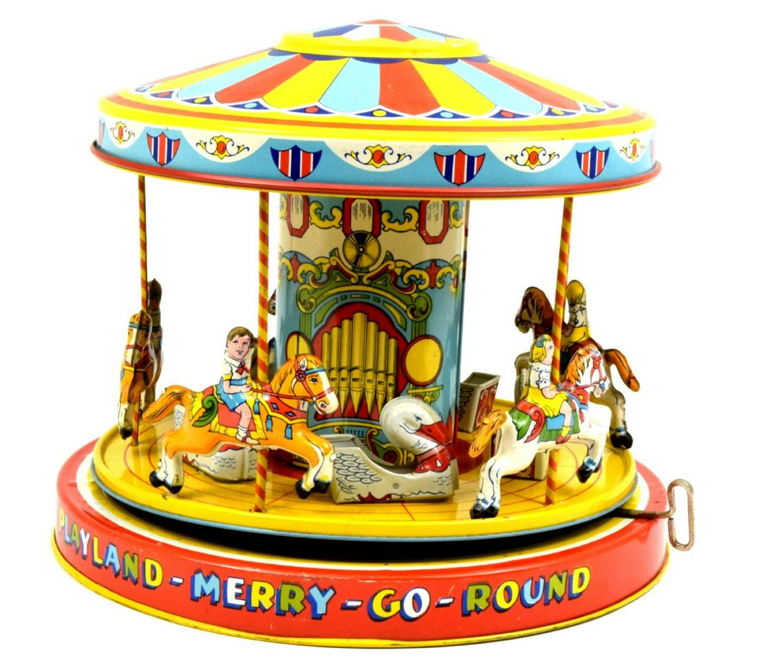 Carousel Playland Merry Go Round Tin Litho Windup Toy By J. CHEIN: Vintage 1950's J. Chein & Co Playland Merry Go Round Carousel Tin Litho Mechanical Wind Up Amusement Park Ride Toy. 10.25" H x 10" in diameter.DEAR BIDDERS, Please View More Detailed Close-Up Images b