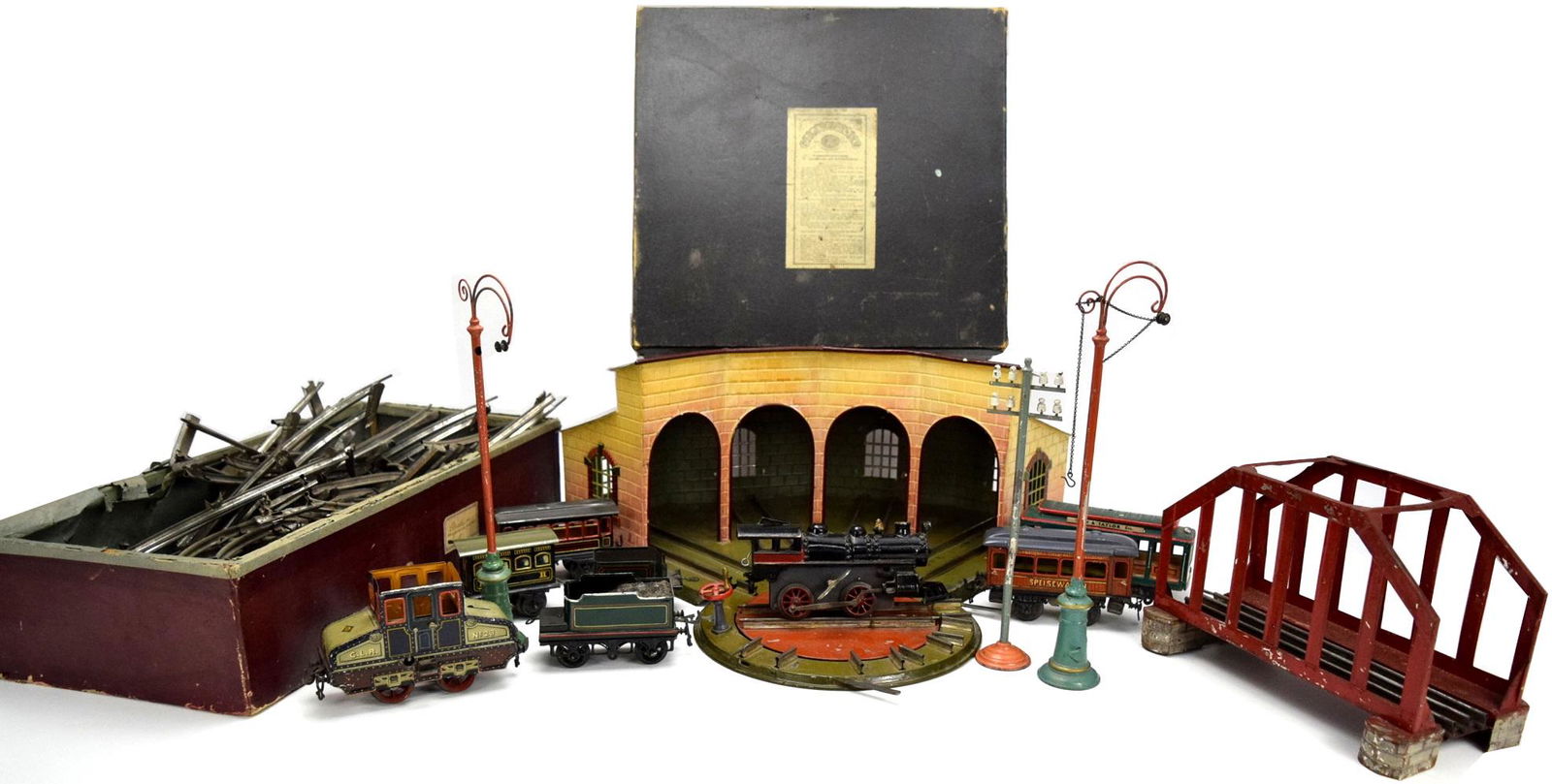 Rare Prewar Bing GBN Bavaria German Train Set With Extras: Rare antique prewar GBN Bing Bavaria Germany wind up tin train set with lot of extra pieces. Bing was a German toy company founded in 1863 in N?remberg, Germany by two brothers, Ignaz and Adolf Bing.